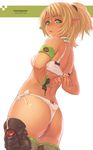  aner_(qqan00) armband ass blonde_hair blush boots bra bracelet dragon_nest elf flat_ass green_eyes hands highres jewelry lingerie looking_back panties pointy_ears ponytail see-through side-tie_panties solo sweat thong underwear underwear_only 
