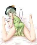  ass bad_id bad_pixiv_id barefoot blush china_dress chinese_clothes dress feet foreshortening from_behind green_eyes green_hair hat highres komeiji_koishi legs legs_up looking_back lying mochi.f on_stomach short_hair smile solo touhou 