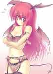  bat_wings black_legwear blush bra breasts cleavage demon_tail embarrassed flying_sweatdrops garter_belt head_wings koakuma lingerie long_hair medium_breasts mocchi pac-man_eyes panties panties_over_garter_belt red_eyes red_hair sidelocks solo tail thighhighs touhou unbuttoned underwear underwear_only wings 