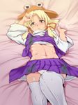  arms_up bad_id bad_pixiv_id bed blonde_hair breasts hat hyudora medium_breasts midriff moriya_suwako navel panties short_hair solo thighhighs touhou underboob underwear yellow_eyes 