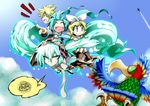  3girls :d ^_^ aircraft airplane annoyed aqua_eyes aqua_hair aura bad_id bad_pixiv_id bird blonde_hair blue_eyes closed_eyes condensation_trail day flying foreshortening givuchoko hair_ornament hair_ribbon hairclip hatsune_miku hatsune_miku_(append) highres kagamine_len kagamine_rin long_hair multiple_girls necktie open_mouth pointing ribbon sky smile squiggle twintails very_long_hair vocaloid vocaloid_append 