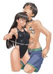  1girl amagami ayatsuji_tsukasa black_hair blue_eyes chain competition_swimsuit cropped_legs faceless faceless_male femdom highleg highleg_swimsuit leash leg_between_thighs long_hair no_eyes one-piece_swimsuit shirtless shorts swimsuit tachibana_jun'ichi takoyaki_neko-san 