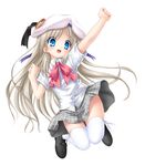  blonde_hair blue_eyes boots bow cross-laced_footwear hat jumping lace-up_boots little_busters! long_hair midair na-ga noumi_kudryavka open_mouth pink_bow ribbon school_uniform solo thighhighs white_legwear zettai_ryouiki 