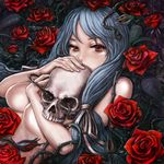  absurdres blue_hair breasts brown_eyes burunuu_(bullnukko) covering covering_breasts flower hair_ribbon highres large_breasts looking_at_viewer no_nipples nude original red_eyes red_flower red_rose ribbon rose skull solo teeth thorns underboob upper_body 