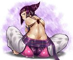 ass back dr.p drill_hair from_behind grimace halter_top halterneck han_juri looking_back nail_polish oil pink_nails purple_eyes purple_hair sexually_suggestive short_hair sitting solo street_fighter street_fighter_iv_(series) teeth twin_drills 