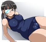 black_eyes black_hair cameltoe eyepatch fat_mons long_hair lying on_side one-piece_swimsuit ponytail sakamoto_mio school_swimsuit smile solo strike_witches swimsuit taut_clothes taut_swimsuit tsucky world_witches_series 