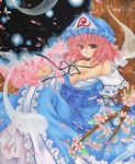  acrylic_paint_(medium) breasts cherry_blossoms cleavage ghost hat marker_(medium) medium_breasts petals rano_(u_rano) saigyouji_yuyuko sitting solo touhou traditional_media tree 