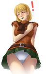  1girl arm_behind_back ashley_graham bangs bare_arms belt blonde_hair blush breasts buckle cowboy_shot embarrassed from_below green_skirt groin hand_on_own_chest large_breasts looking_at_viewer looking_down miniskirt orange_shirt panties pantyshot pantyshot_(standing) plaid plaid_skirt resident_evil resident_evil_4 ribbed_sweater scarf shirt short_hair short_sleeve_sweater short_sleeves simple_background skirt sleeveless solo standing sweater teeth thighs thor_(deep_rising) underwear upskirt white_background white_panties yellow_eyes 