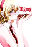  alice_margatroid blonde_hair blue_eyes eating eyelashes food hairband necktie nude pie profile solo tima touhou upper_body wing_collar 