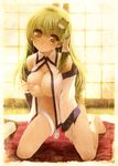  barefoot bottomless breasts chinchickrin covering covering_breasts detached_sleeves frog futon green_hair hair_ornament kneeling kochiya_sanae large_breasts no_bra open_clothes open_shirt shirt smile snake solo touhou yellow_eyes 
