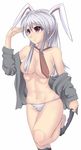  alternate_hair_color animal_ears bad_id bad_pixiv_id breasts bunny_ears censored convenient_censoring daito grey_hair long_hair medium_breasts panties red_eyes reisen_udongein_inaba silver_hair solo toned touhou underwear undressing 