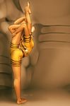  ass barefoot blonde_hair braid contortion dark_skin feet flexible full_body jumpsuit kneepits legs muhamaru_yuni multiple_arms original plantar_flexion solo split standing standing_on_one_leg standing_split stretch striped toes watermark 