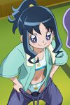  blue_eyes blue_hair blush bra flat_chest front-print_panties haruyama_kazunori heartcatch_precure! japanese_clothes kurumi_erika lingerie navel open_clothes panties ponytail precure print_panties smile solo tatami underwear undressing 