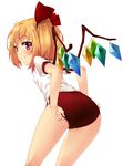  adjusting_buruma adjusting_clothes ass blonde_hair blush buruma flandre_scarlet gym_uniform image_sample looking_back mamedenkyuu_(berun) naughty_face panties pixiv_sample ponytail red_eyes ribbon short_hair side_ponytail smile solo touhou underwear wings 