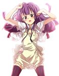  apron black_legwear blush covered_nipples flat_chest highres long_hair no_bra open_mouth purple_eyes purple_hair shirt_lift solo thighhighs tsurime waitress working!! yamada_aoi yanagida_fumita 