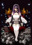  bad_id bad_pixiv_id bare_shoulders book breasts candle cleavage detached_sleeves dream_c_club dream_c_club_(series) eyepatch face feathers large_breasts legs long_hair maid maid_headdress mari_(dream_c_club) miniskirt nobusnow purple_eyes purple_hair ribbon shoes sitting skirt skull solo thighhighs wings 