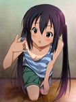 bangs bent_over black_hair blush breasts downblouse k-on! kneeling long_hair looking_to_the_side nakano_azusa open_mouth ryunnu shirt_tan shorts shorts_tan small_breasts solo strap_lift striped tan tank_top tanline twintails 