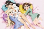  abiru_tadashi barefoot bed black_hair blonde_hair blush bottomless brown_eyes brown_hair dress_shirt eyepatch feet glasses highres long_hair lying miyafuji_yoshika multiple_girls panties perrine_h_clostermann sakamoto_mio shirt short_hair strike_witches underwear world_witches_series 