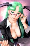  adjusting_eyewear bespectacled breasts cleavage demon_girl downblouse formal glasses green_hair head_wings large_breasts lips long_hair morrigan_aensland skirt_suit solo suit teacher ueyama_michirou vampire_(game) 