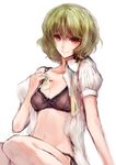  ascot black_bra black_panties bra breasts cleavage green_hair highres kazami_yuuka lingerie medium_breasts navel nokishita open_clothes open_shirt orange_eyes panties puffy_sleeves shirt short_hair side-tie_panties simple_background smile solo touhou underwear untied white_background 