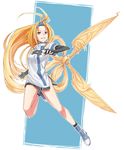  blonde_hair blue_eyes blue_headband boots elbow_gloves fingerless_gloves full_body gloves guilty_gear hair_weapon hairband long_hair millia_rage nike_(smaaaash) prehensile_hair scissors side_slit simple_background solo very_long_hair 