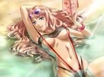  bikini blonde_hair blue_eyes bracelet breasts cleavage covered_nipples crotch_zipper jewelry large_breasts long_hair lying macross macross_frontier makisige on_back paper_airplane sand sheryl_nome slingshot_swimsuit solo sunglasses swimsuit underboob unzipped water zipper 