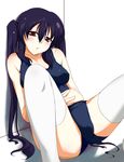  black_hair blush brown_eyes hands_clasped k-on! long_hair nakano_azusa older one-piece_swimsuit own_hands_together school_swimsuit solo spread_legs swimsuit thighhighs tsukishiro_kou twintails 