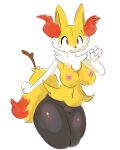  areola blush braixen breasts elpatrixf female generation_6_pokemon genitals nintendo nipples pink_areola pink_nipples pokemon pokemon_(species) pussy simple_background solo stick_in_tail thick_thighs video_games white_background 