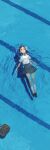  1girl absurdres afloat bag black_hair collared_shirt day from_above grey_skirt highres loafers lying lying_on_water neck_ribbon on_back original outdoors partially_submerged pleated_skirt pool ribbon school_bag school_uniform shiloroshi shirt shoes short_hair skirt solo uniform water wet wet_hair white_shirt 