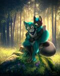  2017 anthro black_body black_fur blue_body blue_eyes blue_fur blue_hair blue_kerchief blue_neckerchief dated duo ear_piercing embrace eyes_closed featureless_crotch flower forest fur gauged_ear glistening glistening_eyes grass hair happy hug hugging_from_behind kerchief male mylafox neckerchief nude one_eye_closed open_mouth open_smile outside piercing plant purple_flower short_hair signature sitting smile text tree url white_body white_fur yellow_body yellow_fur 