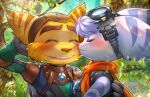  &lt;3 anthro blue_body blue_fur blush duo ekm_ekm_ekm embrace eyes_closed eyewear female fur goggles head_tuft insomniac_games lombax love male male/female mammal pink_nose ratchet ratchet_and_clank rivet_(ratchet_and_clank) romantic romantic_couple scarf smile sony_corporation sony_interactive_entertainment stripes tuft video_games yellow_body yellow_fur 