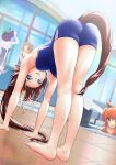  4girls all_fours animal_ears armpits ass bangs bare_legs barefoot blue_eyes blue_one-piece_swimsuit blurry blurry_background blush breasts brown_hair character_request commentary_request dutch_angle eyelashes feet full_body highres horse_ears horse_girl horse_tail indoors kneepits legs long_hair looking_at_viewer mayano_top_gun_(umamusume) medium_breasts multiple_girls nabe_puyo one-piece_swimsuit open_mouth orange_hair ponytail poolside shiny shiny_hair smile stretching swimsuit tail teeth thighs tile_floor tiles toes tokai_teio_(umamusume) twintails umamusume upper_teeth yellow_eyes 