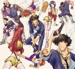  absurdres barefoot breasts carrot collar cowboy_bebop dog edward_wong_hau_pepelu_tivrusky_iv ein_(cowboy_bebop) faye_valentine feet gun highres holding holding_gun holding_weapon jet_black multiple_boys multiple_girls navel orange_hair prosthesis prosthetic_arm purple_hair smile spike_spiegel tobalin toes weapon 