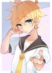  1boy absurdres aqua_eyes artist_name bangs black_sleeves closed_mouth detached_sleeves earphones eyes_visible_through_hair hair_between_eyes hand_up highres holding holding_earphones kagamine_len kusunokimizuha looking_at_viewer male_focus multicolored_eyes necktie pink_background puffy_short_sleeves puffy_sleeves sailor_collar sailor_shirt shirt short_hair short_sleeves signature simple_background single_earphone_removed solo spiked_hair upper_body vocaloid white_shirt yellow_eyes yellow_necktie 