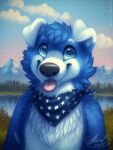  2017 3:4 anthro black_nose blep blue_body blue_eyes blue_fur blue_kerchief blue_neckerchief blue_sky cloud dated front_view fur glistening glistening_eyes half-length_portrait head_tuft kerchief lake male mountain mylafox neckerchief outside pink_tongue plant portrait shrub signature sky solo standing tongue tongue_out tree tuft 