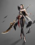  1girl armlet bare_shoulders black_hair blueship4985 breasts choker crossed_legs detached_sleeves earrings feathers full_body grey_background hair_ornament highres holding holding_polearm holding_weapon jewelry long_hair looking_at_viewer medium_breasts mole mole_under_eye multicolored_hair original parted_lips polearm red_eyes solo spear streaked_hair upper_body watson_cross weapon white_hair 