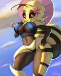  2022 4:5 anthro arthropod bee big_breasts bikini black_body blonde_hair blossom_(thousandfoldfeathers) breasts clothed clothing curvy_figure digital_media_(artwork) digital_painting_(artwork) female flower hair hands_on_hips hi_res hymenopteran insect looking_at_viewer paradoxing pink_eyes plant skimpy solo swimwear thick_thighs tuft umbrella wide_hips yellow_body 
