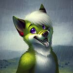  1:1 2017 anthro black_nose bust_portrait canid canine canis fangs fur glistening glistening_eyes green_body green_fur hair happy looking_at_viewer male mammal mylafox nude open_mouth open_smile outside portrait pupils purple_eyes purple_pupils raining smile solo teeth text tongue tongue_out url white_body white_fur white_hair wolf 