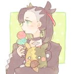  1girl asymmetrical_hair black_choker black_hair black_jacket black_nails blue_eyes choker closed_mouth double_scoop earrings fingernails food hair_ribbon hand_up holding holding_ice_cream holding_pokemon ice_cream ice_cream_cone jacket jewelry katiko long_hair long_sleeves marnie_(pokemon) mint_chocolate_chip morpeko morpeko_(full) nail_polish open_clothes open_jacket pink_ribbon pokemon pokemon_(creature) pokemon_(game) pokemon_swsh ribbon tongue tongue_out twintails upper_body 