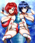  2girls absurdres asymmetrical_gloves bikini blue_bikini blue_eyes blue_hair breasts dolphin_hair_ornament dolphin_wave green_eyes green_scrunchie highres jet_ski large_breasts multiple_girls red_bikini red_hair rizza sakimiya_iruka scrunchie short_hair swimsuit tojou_michiru 