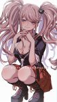  1girl bangs bear_hair_ornament black_footwear black_shirt blonde_hair blue_eyes boots bra breasts cleavage closed_mouth criis-chan danganronpa:_trigger_happy_havoc danganronpa_(series) enoshima_junko foreshortening hair_ornament hands_up high_heel_boots high_heels knee_boots lace-trimmed_bra lace_trim large_breasts long_hair miniskirt nail_polish necktie own_hands_together pleated_skirt red_nails red_skirt shiny shiny_hair shirt simple_background skirt solo squatting twintails twitter_username underwear white_background 