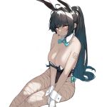  1girl ahoge animal_ears arm_tattoo bare_shoulders black_hair black_leotard blue_archive blush bow bowtie breasts cleavage dark-skinned_female dark_skin detached_collar fake_animal_ears feet_out_of_frame fishnet_pantyhose fishnets gloves highres karin_(blue_archive) karin_(bunny)_(blue_archive) large_breasts leotard long_hair looking_at_viewer pantyhose playboy_bunny ponytail prossss rabbit_ears simple_background sitting solo tattoo white_background white_gloves wrist_cuffs yellow_eyes 