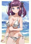 1girl beach bikini black_ribbon blue_eyes blue_sky breasts cleavage cloud commentary_request contrail day hair_ribbon highres horizon large_breasts looking_at_viewer ocean original outdoors purple_hair ribbon shiny shiny_clothes side-tie_bikini_bottom silver_bikini sky smile solo swimsuit two_side_up ushiki_yoshitaka 