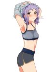  1girl absurdres armpits arms_up bangs blush breasts highres idolmaster idolmaster_million_live! looking_back makabe_mizuki milliani parted_lips purple_hair short_hair shorts sidelocks simple_background small_breasts sports_bra stained_clothes steam steaming_body stomach sweat sweaty_clothes translation_request undressing upper_body wet white_background yellow_eyes 