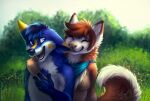  2017 anthro blue_eyes blue_hair blue_nose brown_body brown_fur brown_hair canid dated duo embrace eyes_closed fangs female fluffy fluffy_tail fur glistening glistening_eyes grass hair hug hugging_from_behind male mammal mylafox nude open_mouth open_smile outside pink_nose plant shrub signature smile text url white_body white_fur 