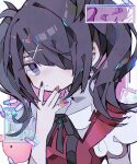  1girl ame-chan_(needy_girl_overdose) black_hair black_nails black_ribbon cat closed_mouth glitch hair_ornament hair_over_one_eye hand_up highres looking_at_viewer lsd medium_hair multicolored_nails nail_polish needy_girl_overdose pill pink_nails purple_eyes red_vest ribbon solo soresaki twintails upper_body vest wide_sleeves window_(computing) x_hair_ornament 