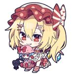  1girl :p alternate_costume apron blonde_hair bow chibi closed_mouth doll flandre_scarlet full_body fumo_(doll) hat hat_bow highres holding holding_doll internet_survivor laevatein_(touhou) looking_at_viewer one_side_up pink_headwear polka_dot polka_dot_headwear red_bow red_eyes red_headwear remilia_scarlet smile solo tongue tongue_out touhou waist_apron watermark white_apron yoriteruru 