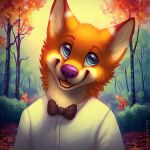  1:1 anthro black_necktie blue_eyes bust_portrait canid cheek_tuft clothed clothing facial_tuft fangs front_view fur glistening glistening_eyes happy head_tuft male mammal mylafox neck_tuft necktie open_mouth open_smile orange_body orange_fur outside plant portrait purple_nose red_tongue shrub smile solo tan_body tan_fur text tongue topwear tree tuft url white_clothing white_topwear 