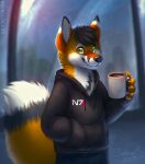  2017 anthro black_body black_clothing black_fur black_hair black_hoodie black_nose black_topwear blue_bottomwear blue_clothing blue_pants blurred_background bottomwear canid canine cheek_tuft chest_tuft closed_smile clothed clothing dated facial_tuft fox fur glistening glistening_eyes glistening_nose green_eyes hair half-length_portrait hand_in_pocket holding_mug holding_object hoodie looking_at_viewer male mammal mouth_closed mug mylafox neck_tuft orange_body orange_fur pants pockets portrait short_hair signature solo standing topwear tuft white_body white_fur 
