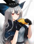  1girl absurdres arknights black_cape black_gloves black_headwear cape food gloves grey_hair grey_shirt gupipy hair_between_eyes hands_up hat highres holding holding_food long_hair looking_at_viewer red_eyes shirt simple_background skadi_(arknights) solo taco very_long_hair white_background 